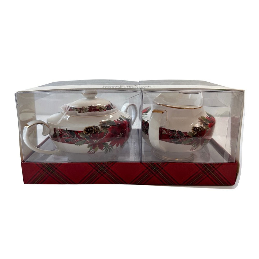 New Grace Teaware Sugar and‎ Creamer Set Christmas Poinsettia Holiday Decor